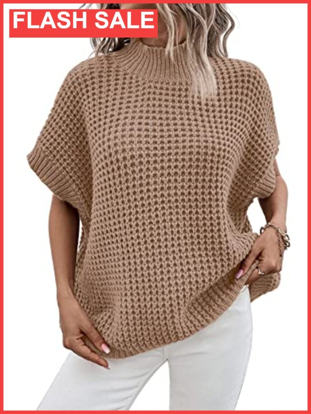 Oversized Sleeveless Knit Sweater Vest Batwing Sleeve Mock Neck Pullover